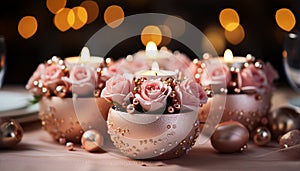 Glowing candle illuminates elegant table, symbolizing love and celebration generated by AI