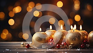 Glowing candle illuminates festive decoration, celebrating winter night generated by AI