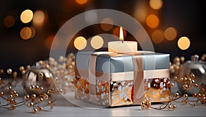 Glowing candle illuminates gift box, celebrating Christmas with joy generated by AI