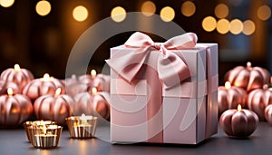 Glowing candle illuminates gift box, celebrating Christmas tradition generated by AI