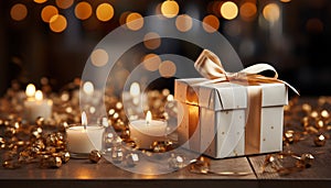 Glowing candle illuminates gift box, celebrating love and romance generated by AI