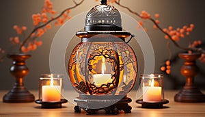 Glowing candle illuminates old lantern, rustic decoration on table generated by AI