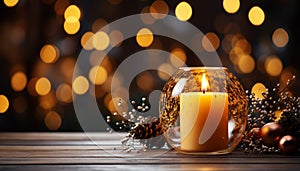 Glowing candle illuminates rustic table, celebrating winter with warmth generated by AI