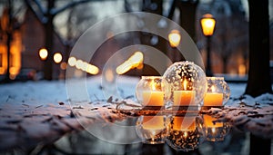 Glowing candle illuminates tranquil winter night, symbolizing love and spirituality generated by AI