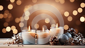 Glowing candle illuminates winter celebration, brightening dark December nights generated by AI