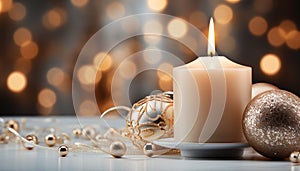 Glowing candle illuminates winter celebration, decorating table with elegance generated by AI