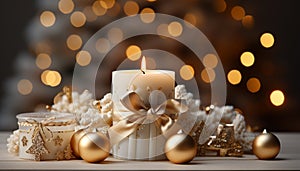 Glowing candle illuminates winter celebration, decorating table with elegance generated by AI