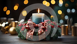 Glowing candle illuminates winter celebration, gift of Christmas tree generated by AI