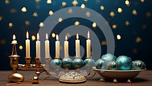 Glowing candle illuminates winter night, symbolizing spirituality and celebration generated by AI