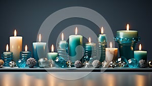 Glowing candle illuminates winter night, symbolizing warmth and celebration generated by AI
