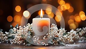 Glowing candle illuminates winter table, symbolizing Christmas celebration generated by AI