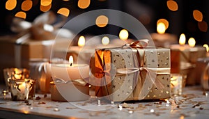 Glowing candle illuminates wrapped gift, celebrating new love generated by AI