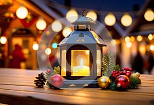 Glowing candle lantern and christmas decorations