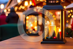 Glowing candle lantern and christmas decorations