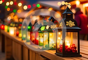 Glowing candle lantern and christmas decorations