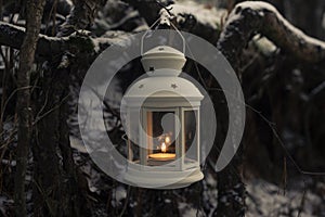 Glowing candle in lantern hanging on fir tree branch in winter forest. Christmas scene