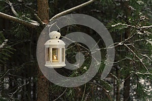 Glowing candle in lantern hanging on fir tree branch in winter forest. Christmas scene