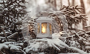 Glowing candle in lantern hanging on fir tree branch in winter forest. Christmas scene