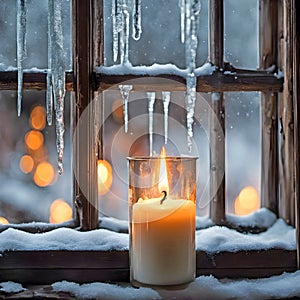 Glowing Candle In Winter Window