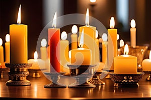 Glowing candles in golden candle holders on a wooden table against a dark background