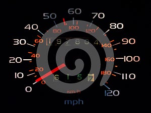 Glowing car spedometer in darkness