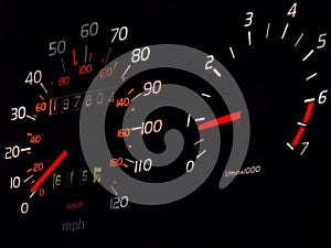 Glowing car spedometer, tachometer in darkness