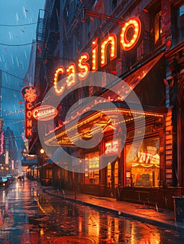 Glowing Casino neon sign dazzling with bright lights, inviting nighttime entertainment and gambling in a vibrant setting