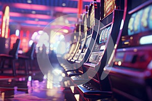 Glowing casino slot machine with dramatic lighting effects and vibrant colors in a dimly lit room