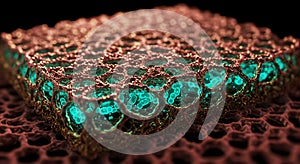 Glowing cells trapped in a complex organic matrix structure