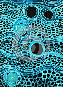 Glowing cells in turquoise and blue on a dark background.