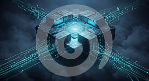 Glowing central AI processor core in the cloud