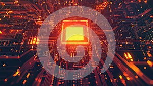 Glowing central processing unit creating digital data network