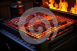glowing charcoal and flames beneath smart grill grates