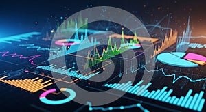 Data analysis concept with glowing charts and graphs on dark background, analytics, statistics, business insights