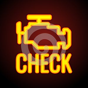 Glowing Check engine light symbol that pops up on car dashboard when something goes wrong with the engine, vector