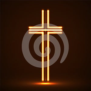 Glowing christian cross. Religious symbol, neon sign