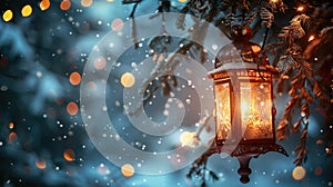 Glowing Christmas Lantern with Hanging Fir Branches and Bokeh Lights in the Snowy Night