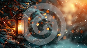 Glowing Christmas Lantern with Hanging Fir Branches and Bokeh Lights in the Snowy Night