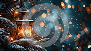 Glowing Christmas Lantern with Hanging Fir Branches and Bokeh Lights in the Snowy Night