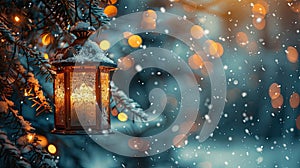 Glowing Christmas Lantern with Hanging Fir Branches and Bokeh Lights in the Snowy Night