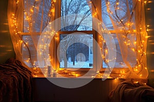 glowing christmas lights wrapped around a frosted windowpane