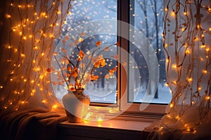 glowing christmas lights wrapped around a frosted windowpane