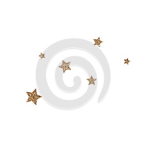 Glowing Christmas textured elements isolated on white background. Bronze gold glitter shiny stars.