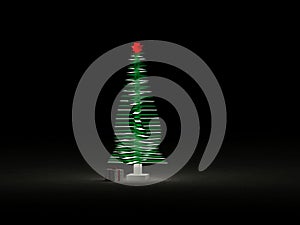 Glowing Christmas tree on a dark background with a foil gift box underneath.