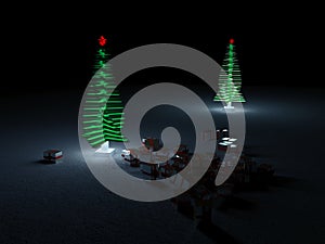 A glowing Christmas tree on a dark background with gold gift boxes scattered around it.