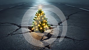 A glowing Christmas tree emerging from a crack in the asphalt road, symbolizing hope and festivity