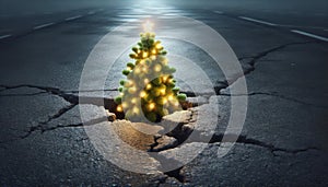 Řeřavý vánoční stromeček vznikající v asfalt cesty symbolizující naději veselí 