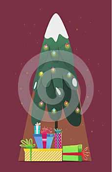 Glowing Christmas tree with gifts. New Year greeting card