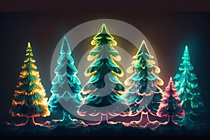 Glowing Christmas trees as panorama background,Generative AI