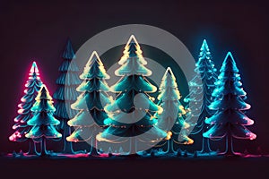 Glowing Christmas trees as panorama background,Generative AI